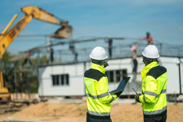 two construction workers supervising a project 